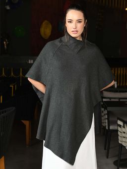 Odette - Grey Ribbed Cotton High Neck Overlap Poncho Top
