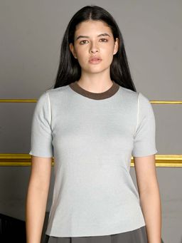 Odette - Sky Blue Polyester Solid Half Sleeves Top