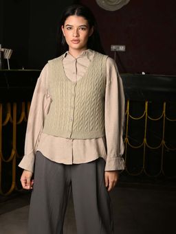 Odette - Dark Beige Polyester Shirt with Ribbed Cotton Outer Top