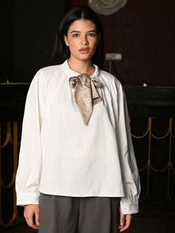 Odette - White Cotton Patterned Top with Scarf