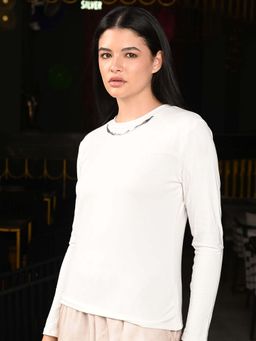 Odette - White Jersey Embellished Full Sleeves Top