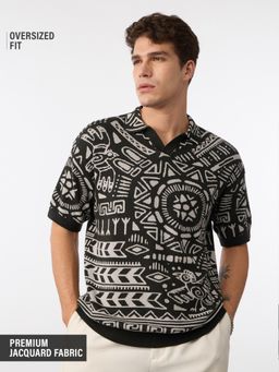 The Souled Store - Originals Jacquard: Black Mirage Oversized Polo T-shirt