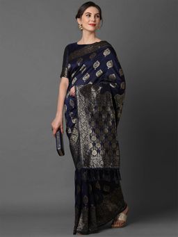 Odette - Nevy Blue Festive Silk Blend Woven Design Saree with Unstitched Blouse