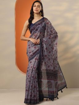 Libas - Grey Silk Blend Floral Saree with Unstitched Blouse