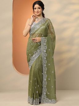 Libas - Green Organza Embroidered Saree with Unstitched Blouse