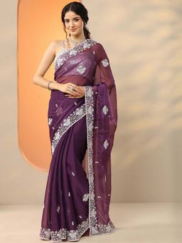 Libas - Burgundy Organza Embroidered Saree with Unstitched Blouse