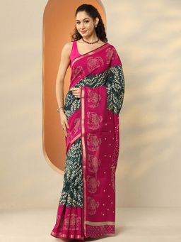 Libas - Navy Blue Silk Blend Printed Saree with Unstitched Blouse