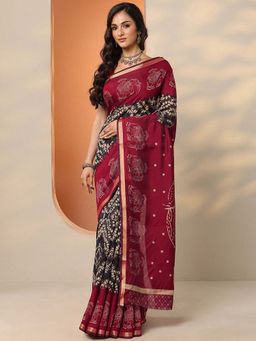 Libas - Navy Blue Silk Blend Printed Saree with Unstitched Blouse