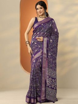 Libas - Purple Silk Blend Printed Saree with Unstitched Blouse