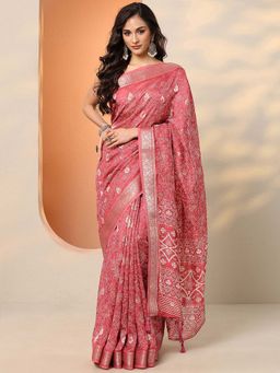 Libas - Coral Silk Blend Floral Saree with Unstitched Blouse