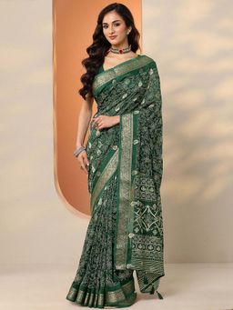 Libas - Green Silk Blend Floral Saree with Unstitched Blouse