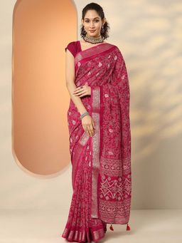 Libas - Pink Silk Blend Printed Saree with Unstitched Blouse