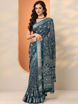 Libas - Navy Blue Silk Blend Printed Saree with Unstitched Blouse