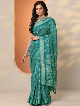 Libas - Green Silk Blend Printed Saree with Unstitched Blouse