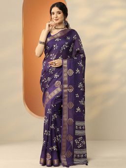 Libas - Purple Silk Blend Floral Saree with Unstitched Blouse