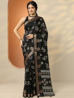 Libas - Black Silk Blend Floral Saree with Unstitched Blouse
