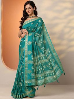 Libas - Green Silk Blend Floral Saree with Unstitched Blouse