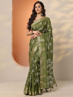 Libas - Olive Silk Blend Floral Saree with Unstitched Blouse