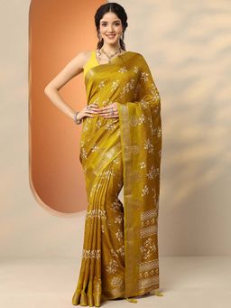 Libas - Mustard Silk Blend Floral Saree with Unstitched Blouse