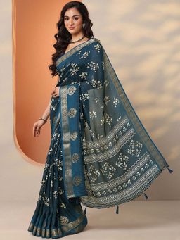 Libas - Navy Blue Silk Blend Floral Saree with Unstitched Blouse
