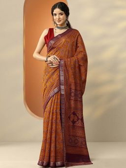 Libas - Mustard Silk Blend Printed Saree with Unstitched Blouse