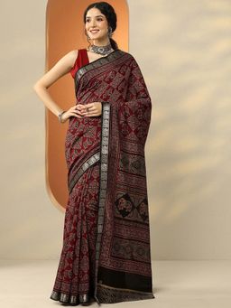 Libas - Maroon Silk Blend Printed Saree with Unstitched Blouse