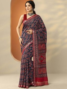 Libas - Navy Blue Silk Blend Printed Saree with Unstitched Blouse