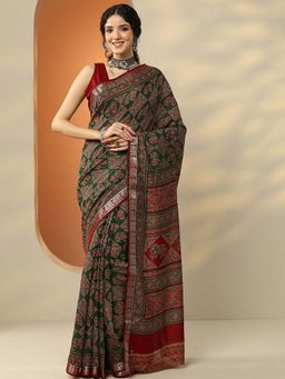 Libas - Green Silk Blend Printed Saree with Unstitched Blouse