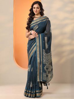 Libas - Navy Blue Silk Blend Floral Saree with Unstitched Blouse