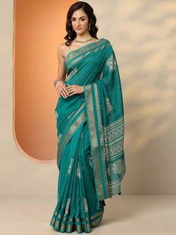 Libas - Green Silk Blend Floral Saree with Unstitched Blouse