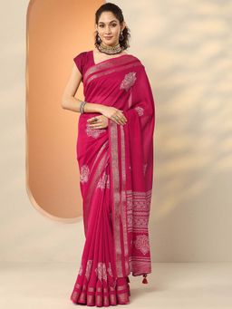 Libas - Pink Silk Blend Floral Saree with Unstitched Blouse