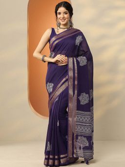 Libas - Purple Silk Blend Floral Saree with Unstitched Blouse