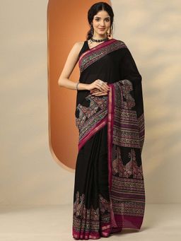 Libas - Black Silk Blend Paisley Saree with Unstitched Blouse