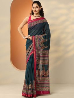 Libas - Teal Silk Blend Paisley Saree with Unstitched Blouse