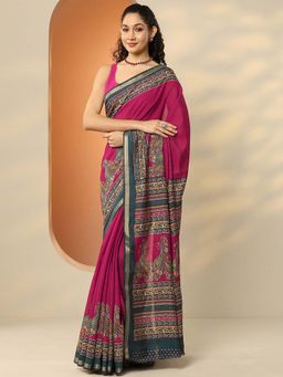 Libas - Pink Silk Blend Paisley Saree with Unstitched Blouse