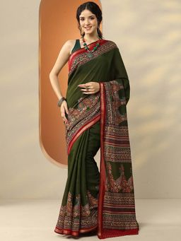 Libas - Green Silk Blend Paisley Saree with Unstitched Blouse