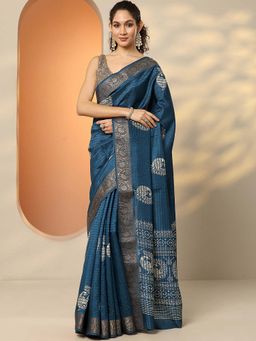 Libas - Blue Silk Blend Embellished Saree with Unstitched Blouse