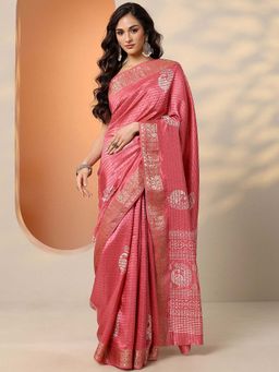 Libas - Pink Silk Blend Embellished Saree with Unstitched Blouse