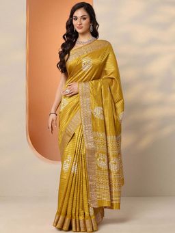 Libas - Mustard Silk Blend Embellished Saree with Unstitched Blouse