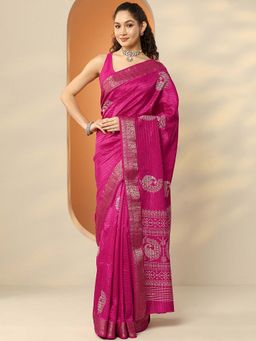 Libas - Pink Silk Blend Embellished Saree with Unstitched Blouse