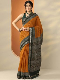 Libas - Mustard Silk Blend Printed Saree with Unstitched Blouse