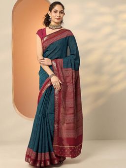 Libas - Blue Silk Blend Printed Saree with Unstitched Blouse