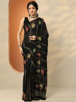 Libas - Black Georgette Floral Saree with Unstitched Blouse