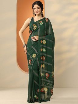 Libas - Green Georgette Floral Saree with Unstitched Blouse