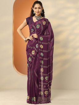 Libas - Burgundy Georgette Floral Saree with Unstitched Blouse
