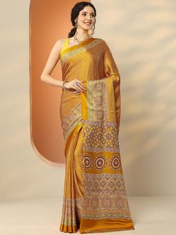 Libas - Mustard Satin Stripes Saree with Unstitched Blouse