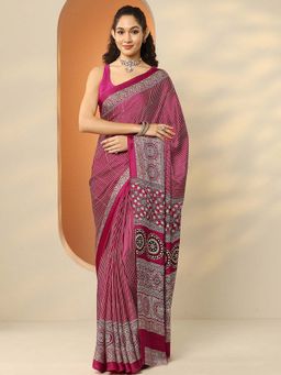 Libas - Pink Satin Stripes Saree with Unstitched Blouse