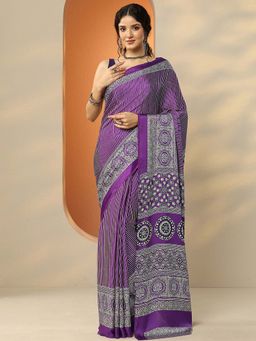 Libas - Purple Satin Stripes Saree with Unstitched Blouse