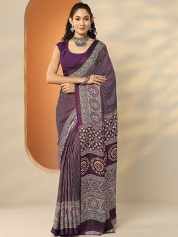 Libas - Purple Satin Stripes Saree with Unstitched Blouse