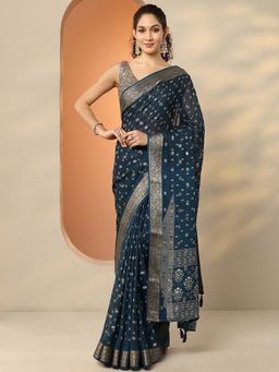 Libas - Blue Georgette Woven Saree with Unstitched Blouse